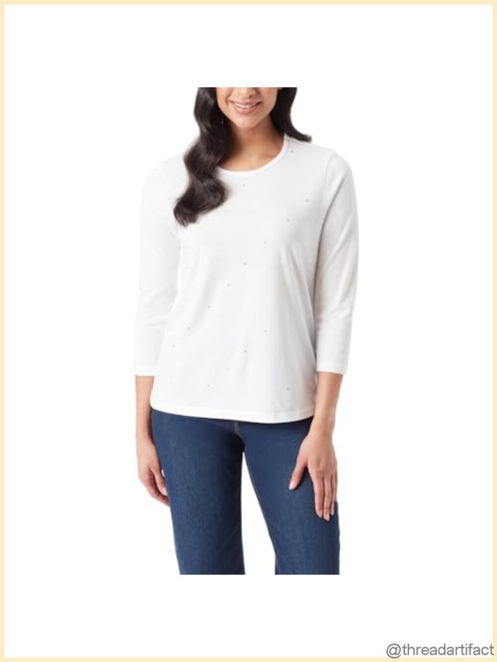 Soft Knit Tunic Top 3/4 Sleeve Crew Neck Clean Hem Women's